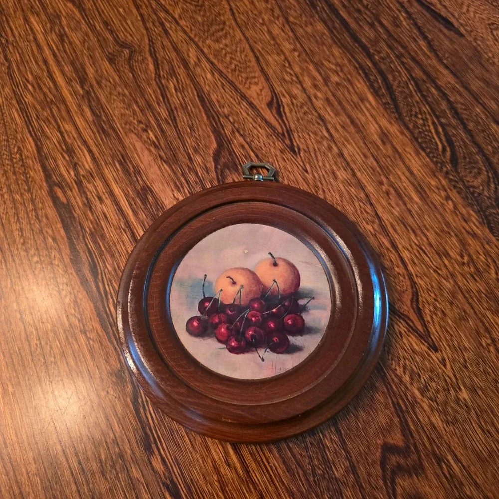 Henk Bos Round Wood Wall Plaque Still Life Fruit Peaches Cherry Cottagecore 6.5